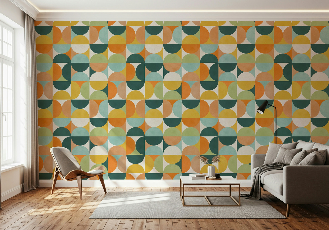 Geometric Harmony 2 wallcovering with vibrant, retro circles design.