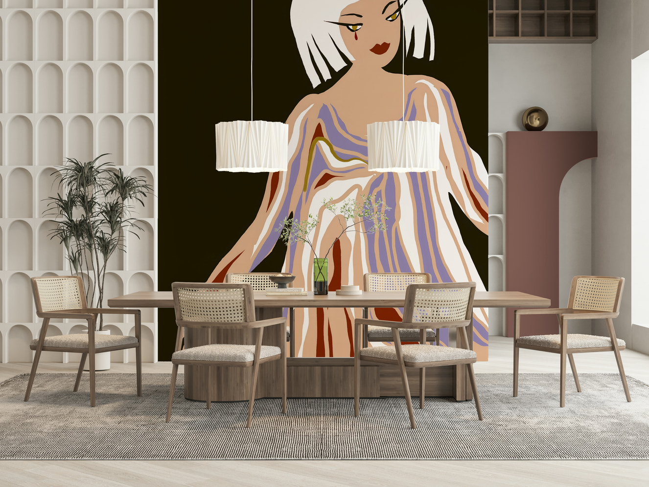 Retro Geo Blush mural wallpaper features abstract flowing lines and a modern woman.