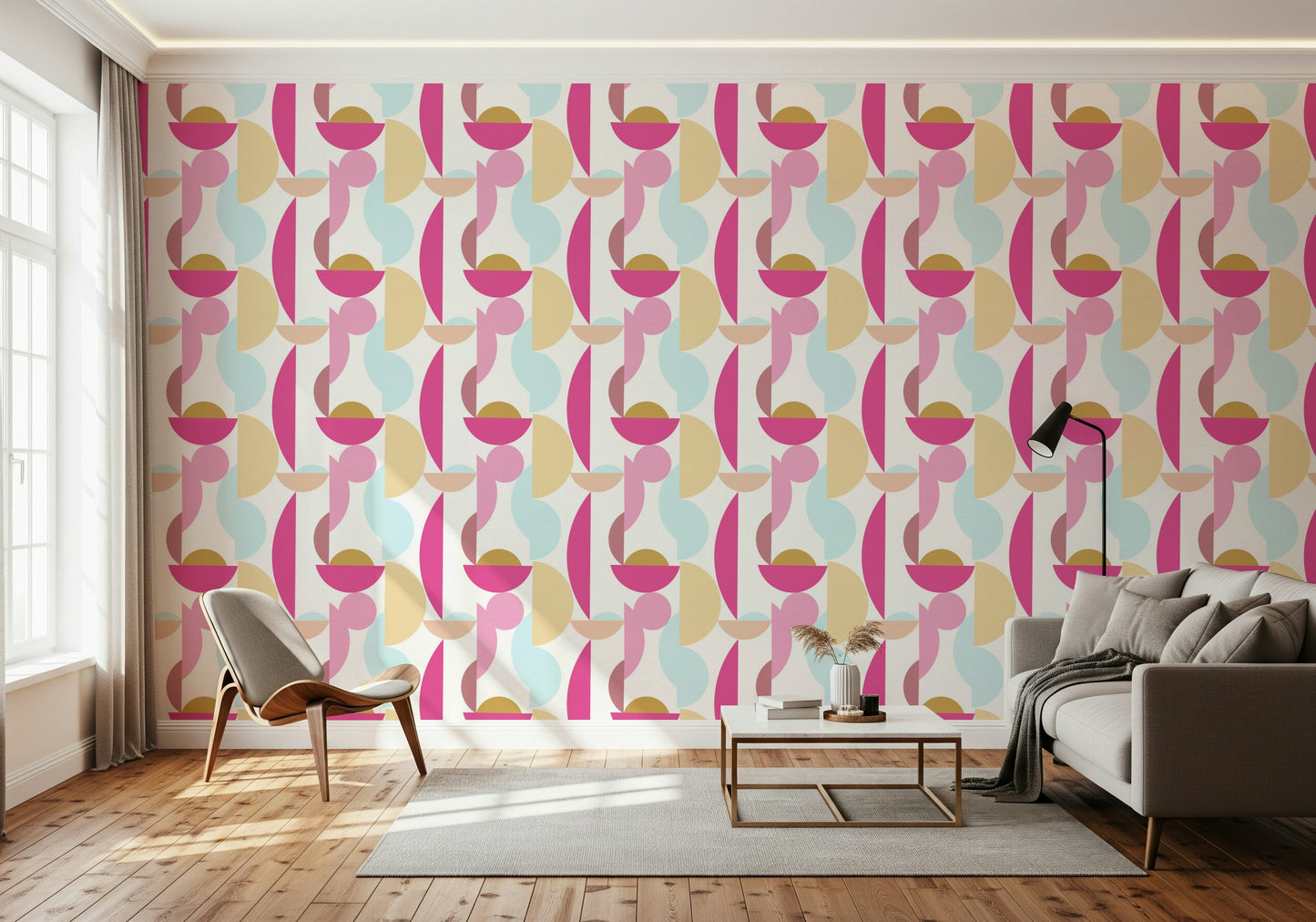 Vibrant Retro Geo Blush wall mural aesthetic pinks yellows blues beige segments.