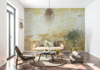 Tuscan Texture, light cream and gold tones, distressed paint effect wallpaper.