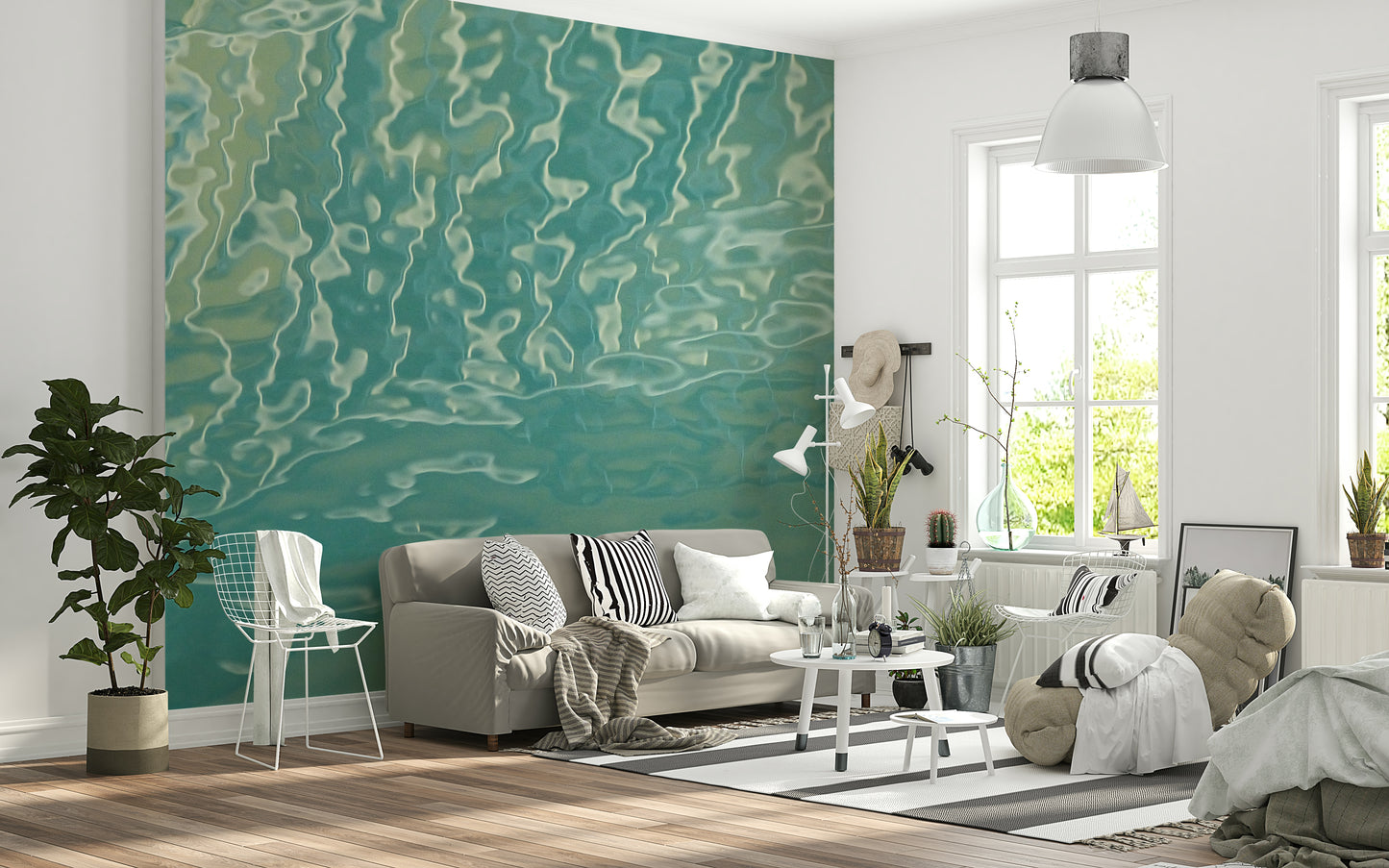 Swirling Aqua Waves wall mural serene teal pattern.