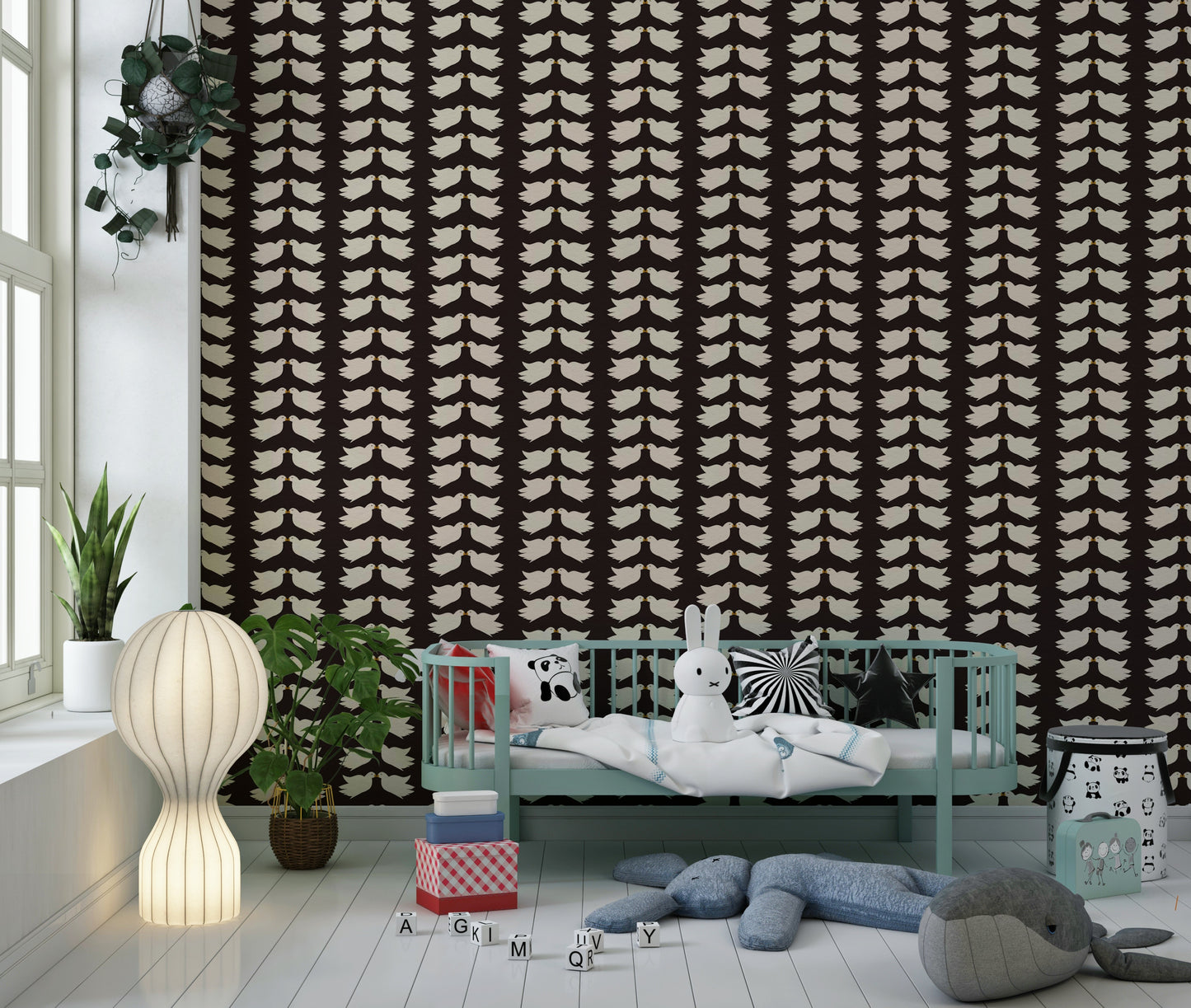 Adorable Kissing Doves wallpaper pattern, cream birds on dark backdrop.