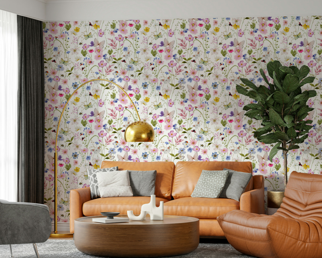 Exquisite Meadow Whispers motif, detailed botanical wall covering, peaceful aesthetic.