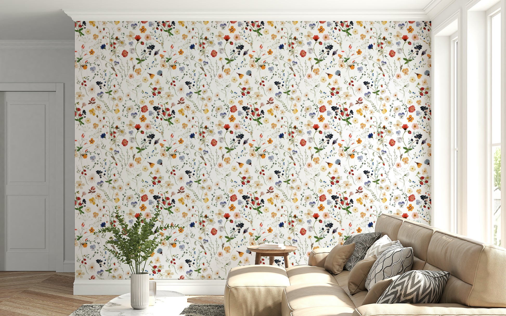Breathtaking Wildflower scenery lush meadow pattern wallcovering.