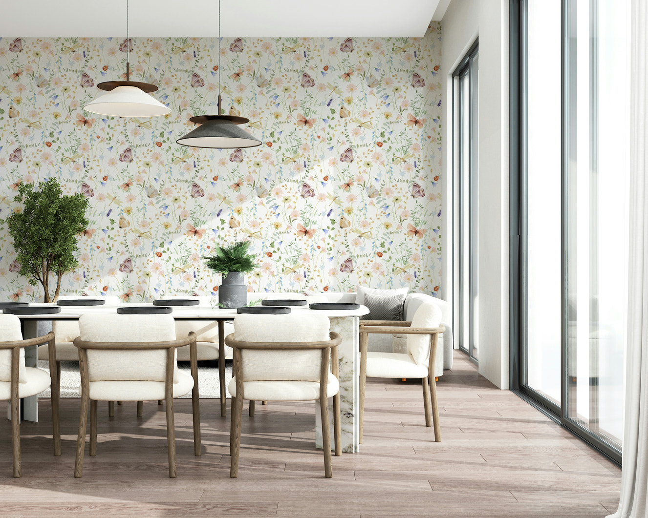Charming Meadow Dreams wallpaper, a lovely pattern with painted florals and garden insects.