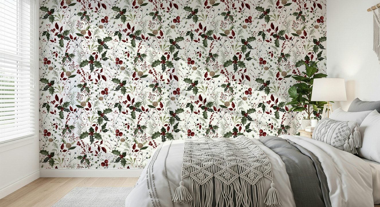 Winter Garden holly berry mural wallpaper design.