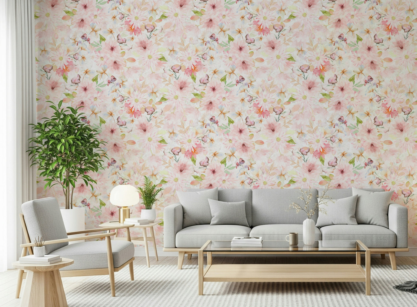 Blush Watercolor Blooms, pretty decorative paper for room walls.