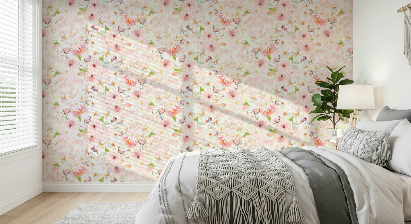 Blush Watercolor Blooms wall mural, elegant floral background texture.