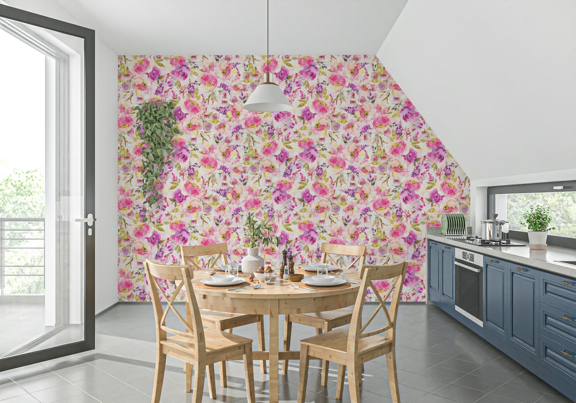 Pink & Purple Watercolor Florals wallpaper for walls.