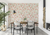 Watercolor Strawberry Flower Meadow floral accent wall treatment.