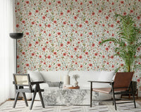 Colorful Watercolor Strawberry Flower Meadow removable wallcovering.