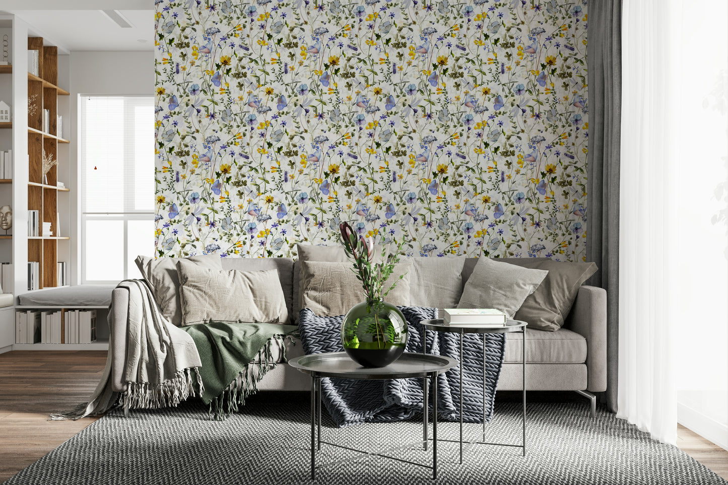 Meadow Butterfly Whispers Garden wallcovering, pastel spring wildflower scenery.