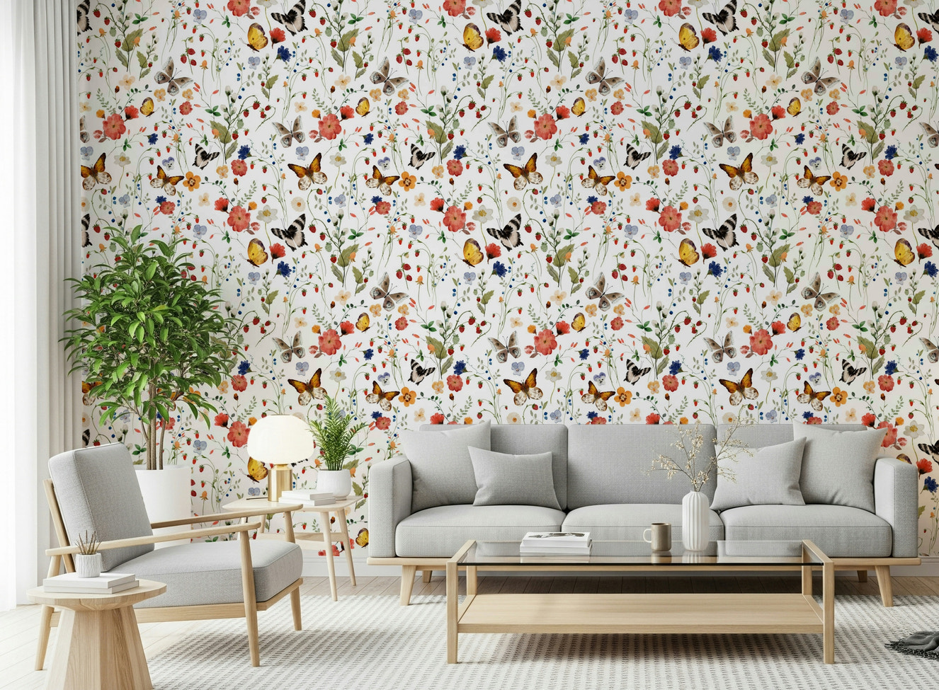 Meadow Magic wallpaper for walls, wildflower butterfly pattern.