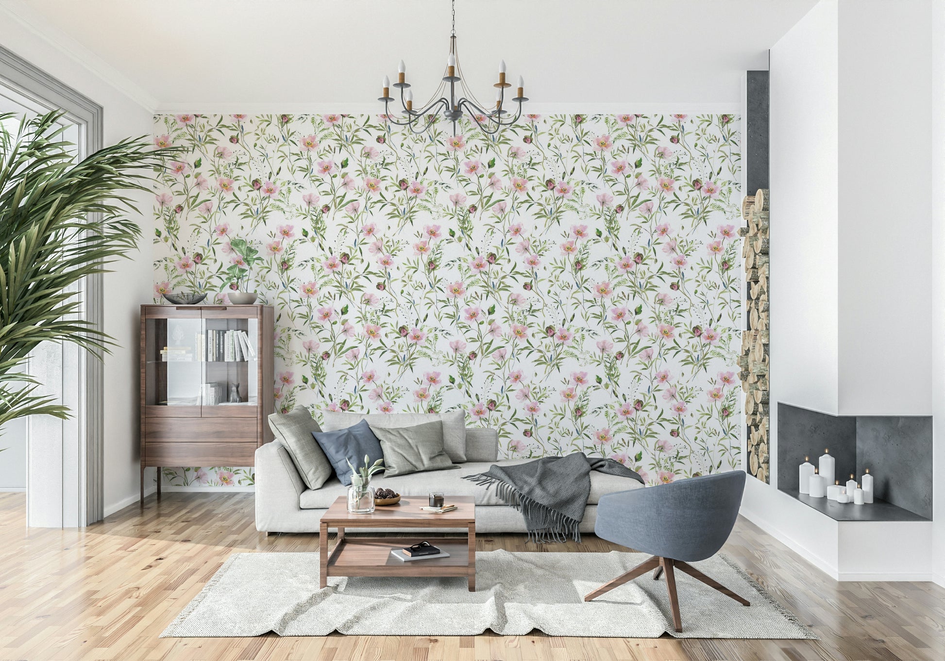 Blossom Hues watercolor pink poppy flower wallpaper for walls.