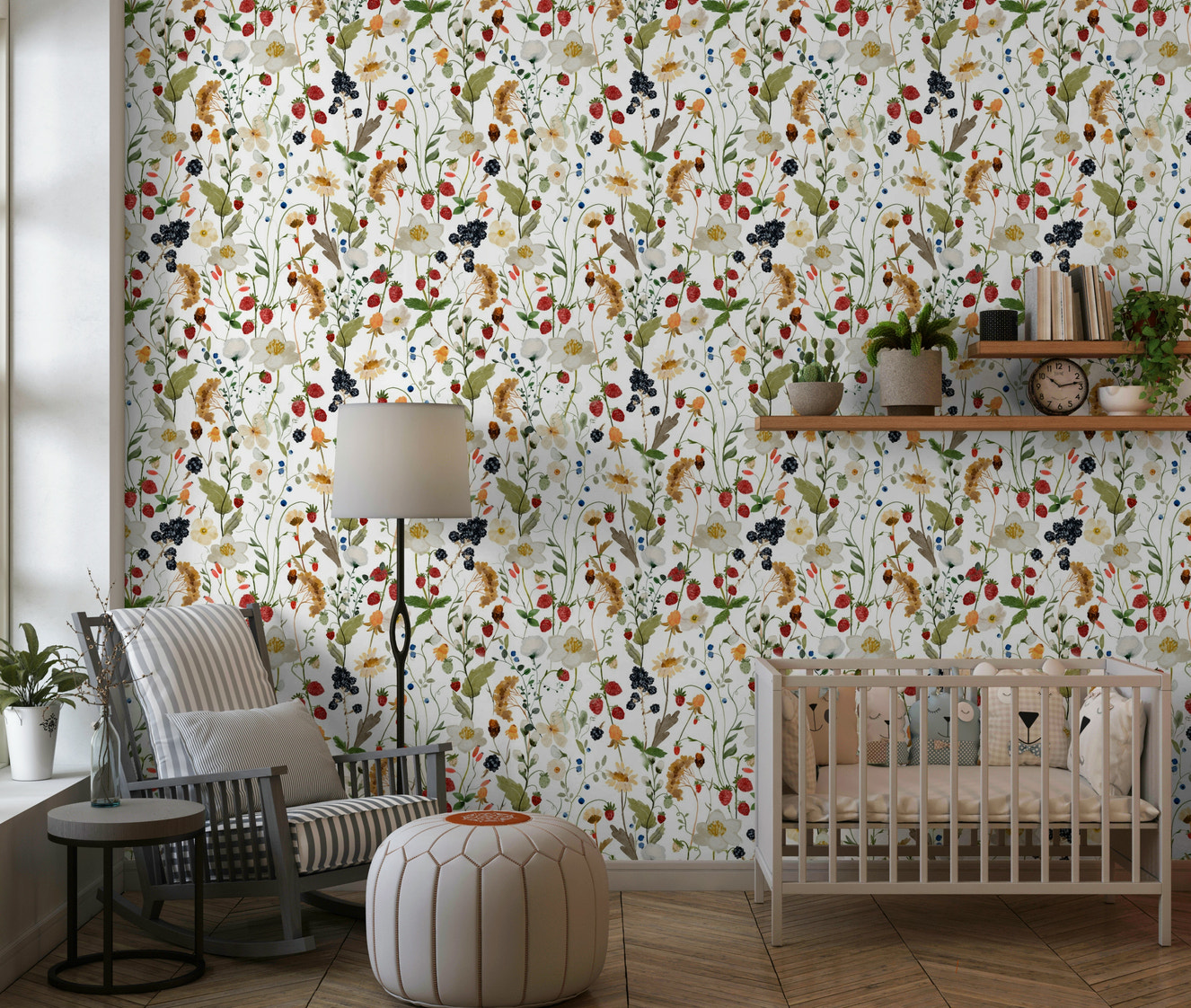 Berry Bloom Meadow wallpaper mural wildflower pattern