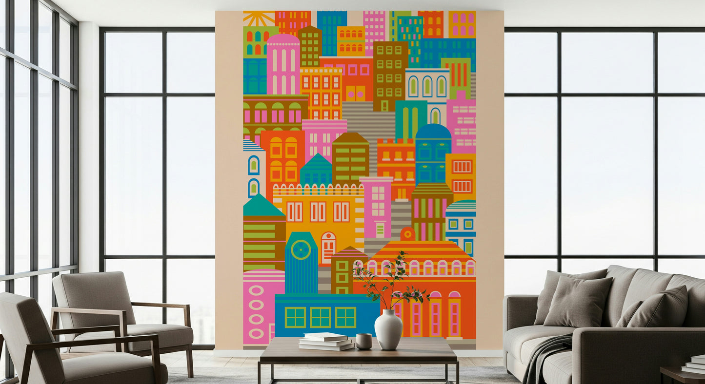 City Lights By Day Vintage Travel Bright Geometric Buildings Sunshine Rainbow Brights  Wall Mural