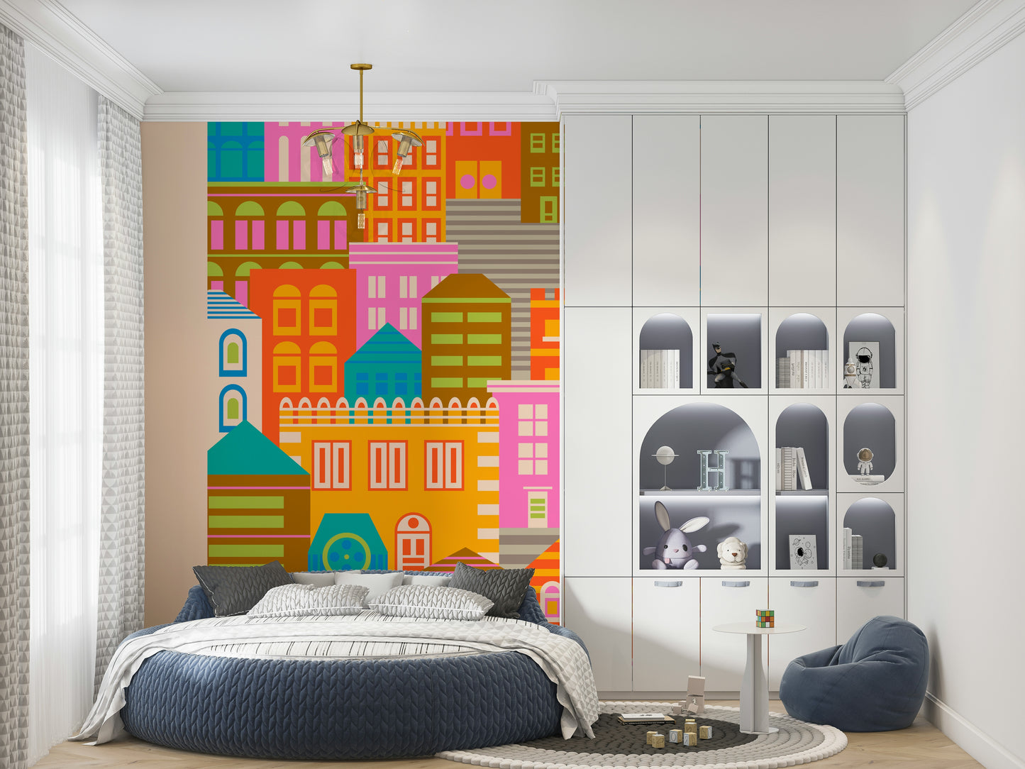 City Lights By Day Vintage Travel Bright Geometric Buildings Sunshine Rainbow Brights  Wall Mural
