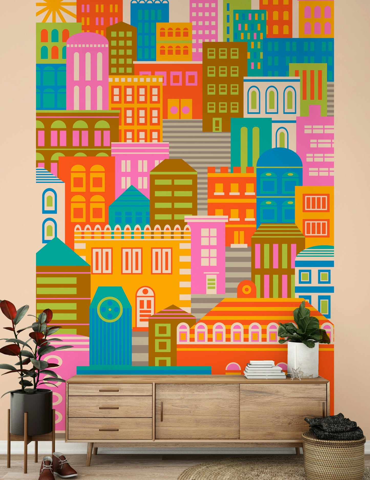 City Lights By Day Vintage Travel Bright Geometric Buildings Sunshine Rainbow Brights  Wall Mural