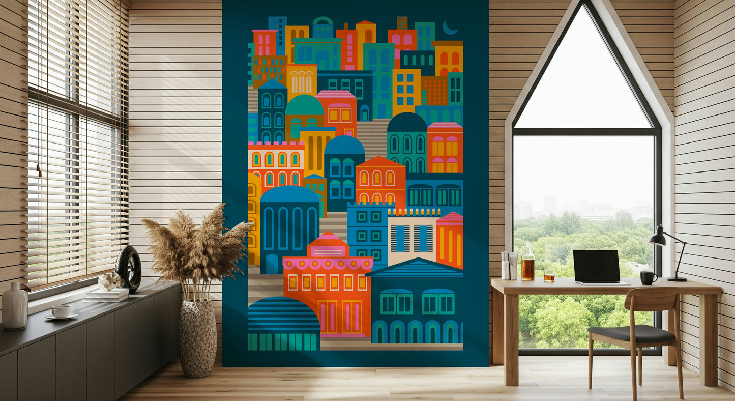 City Lights At Night Vintage Travel Bright Geometric Buildings Moon Rainbow Brights Wall Mural