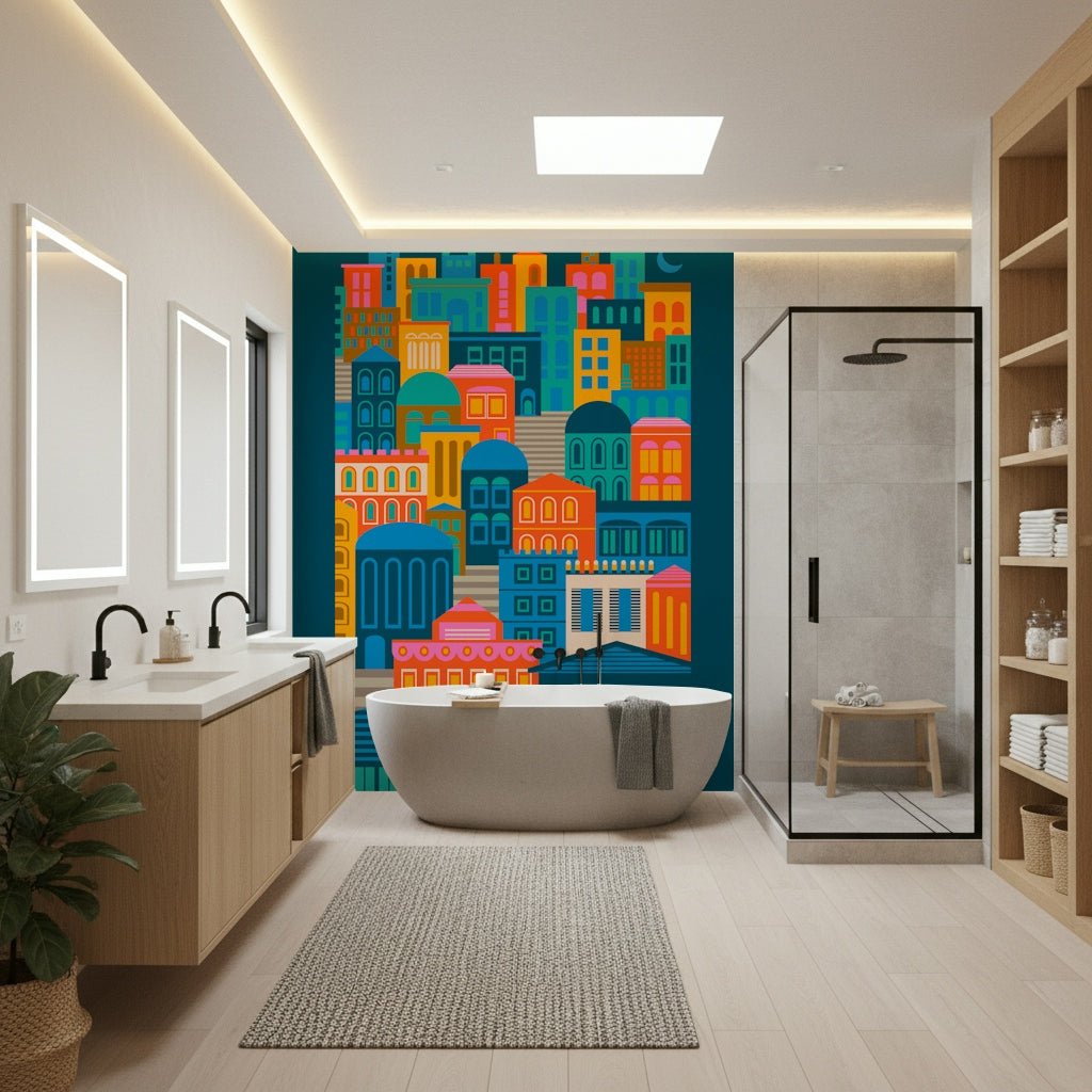 City Lights At Night Vintage Travel Bright Geometric Buildings Moon Rainbow Brights Wall Mural