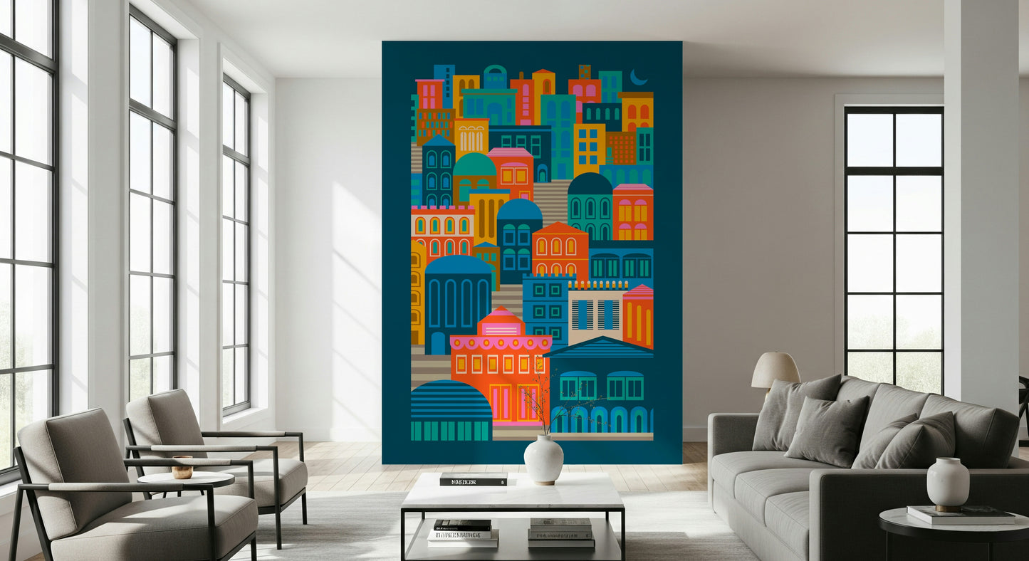 City Lights At Night Vintage Travel Bright Geometric Buildings Moon Rainbow Brights Wall Mural