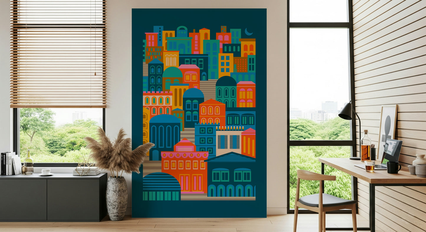 City Lights At Night Vintage Travel Bright Geometric Buildings Moon Rainbow Brights Wall Mural