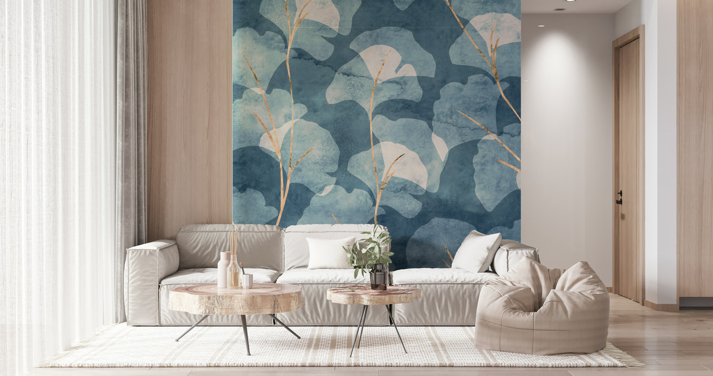 Midwinter Gingko -  Cyanotype Wall Mural