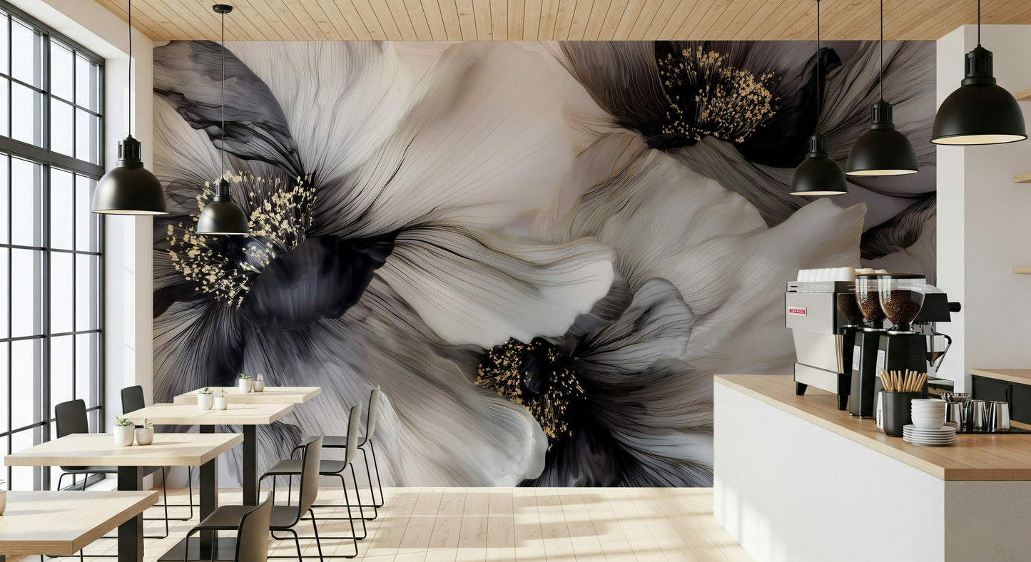 Monochrome Petal Ink Flow Harmony Wall Mural