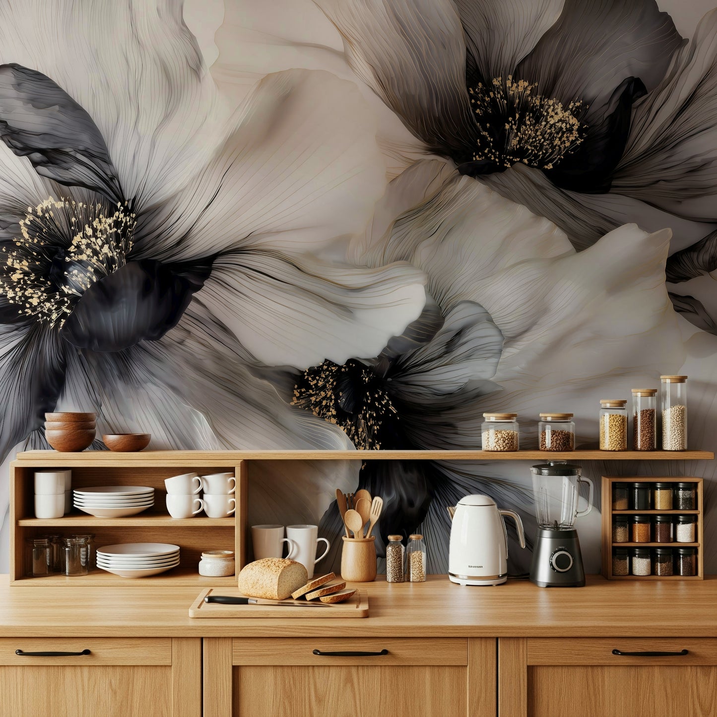 Monochrome Petal Ink Flow Harmony Wall Mural
