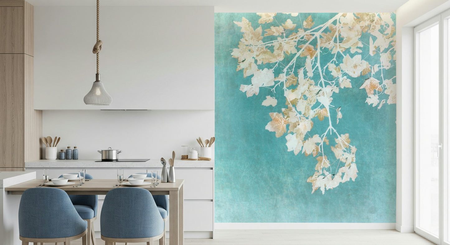 Teal Leaf Whispers Wall Mural