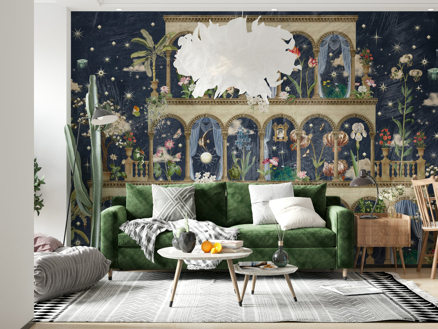 Floral Nightscape Garden on Blue Wall Mural