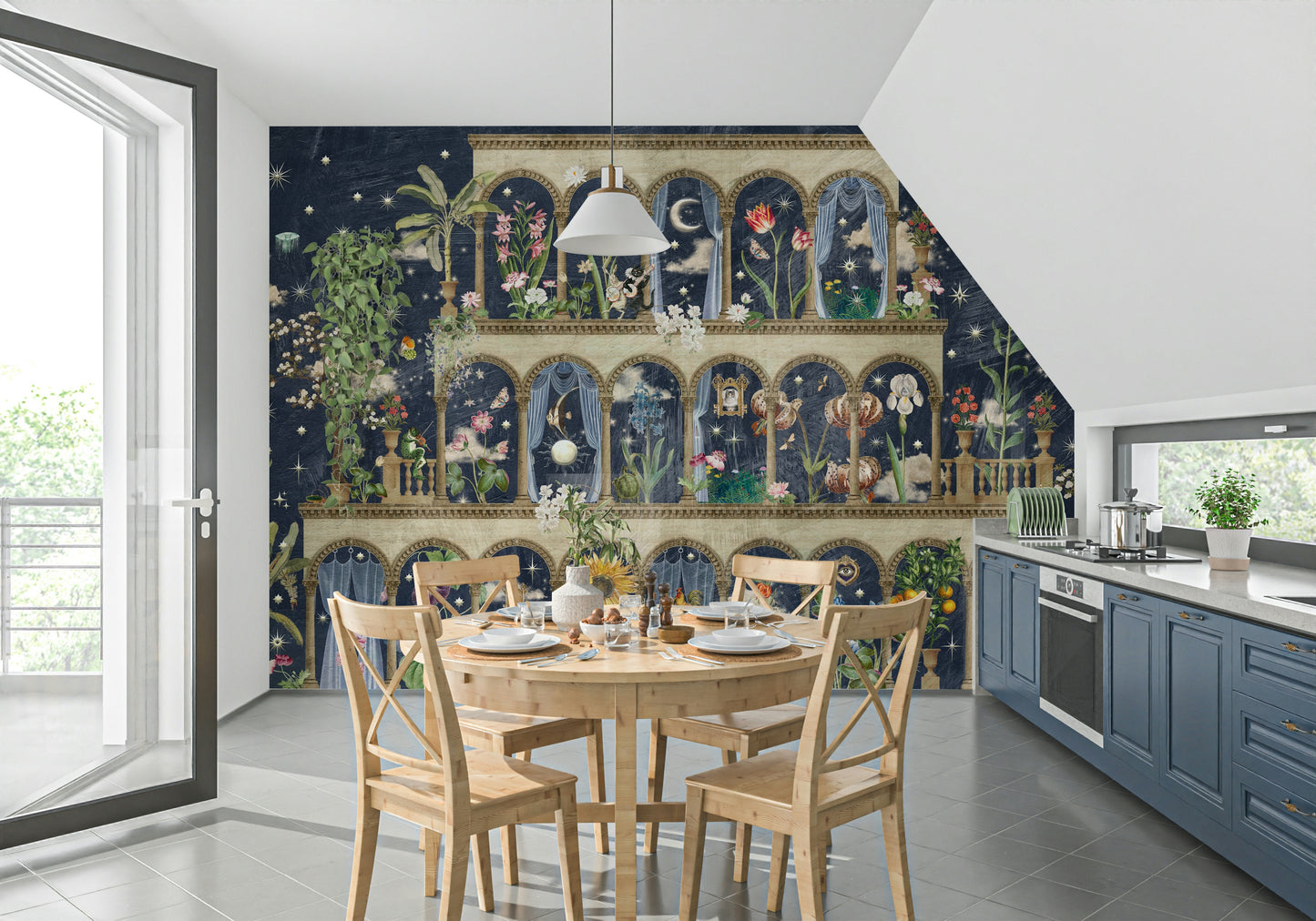 Floral Nightscape Garden on Blue Wall Mural