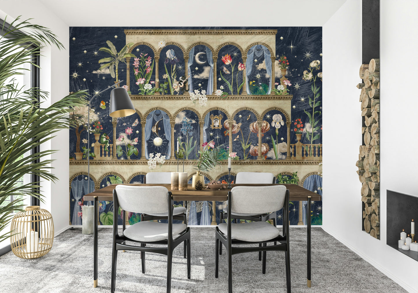 Floral Nightscape Garden on Blue Wall Mural