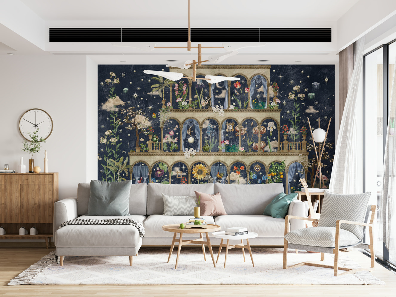 Floral Nightscape Garden on Blue Wall Mural