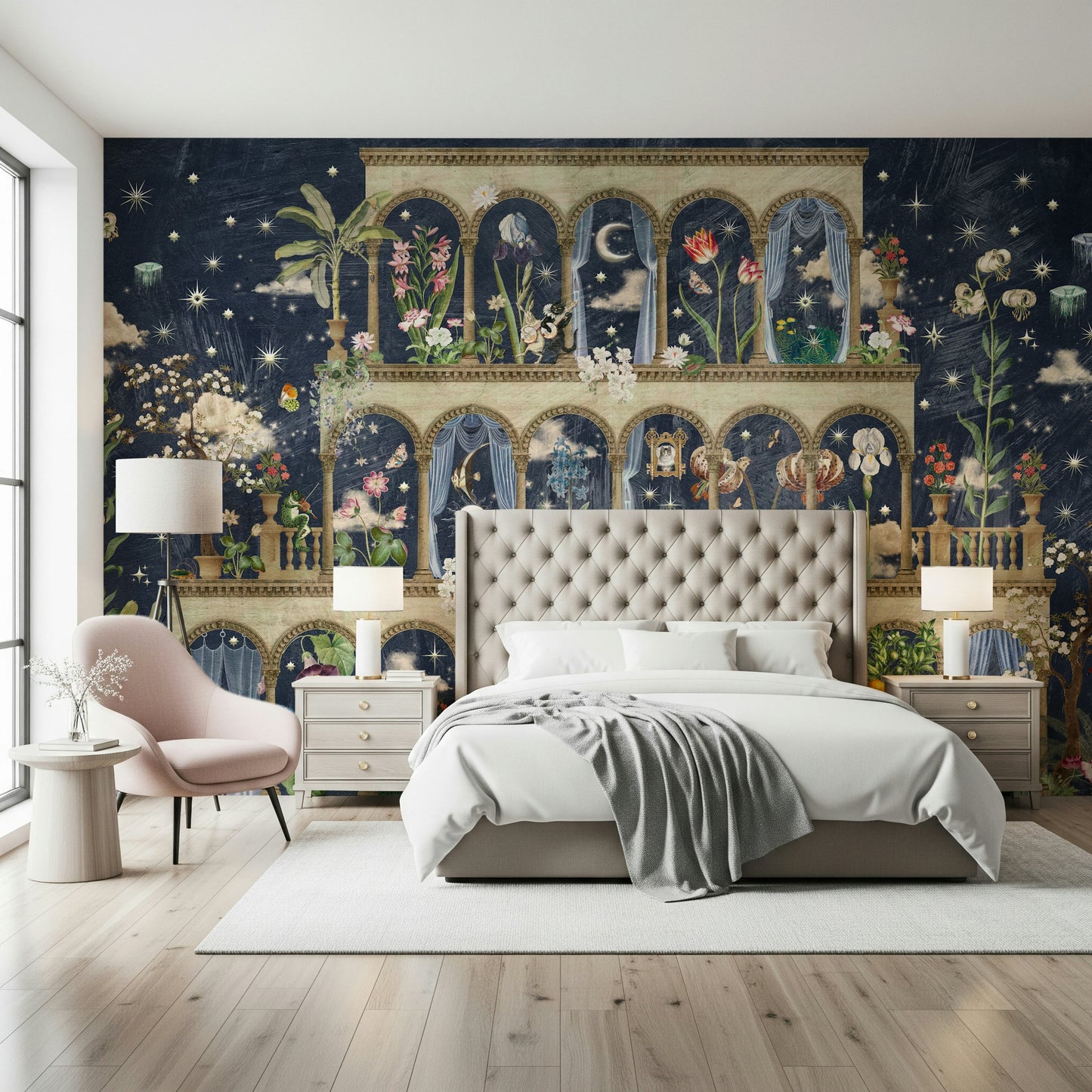 Floral Nightscape Garden on Blue Wall Mural