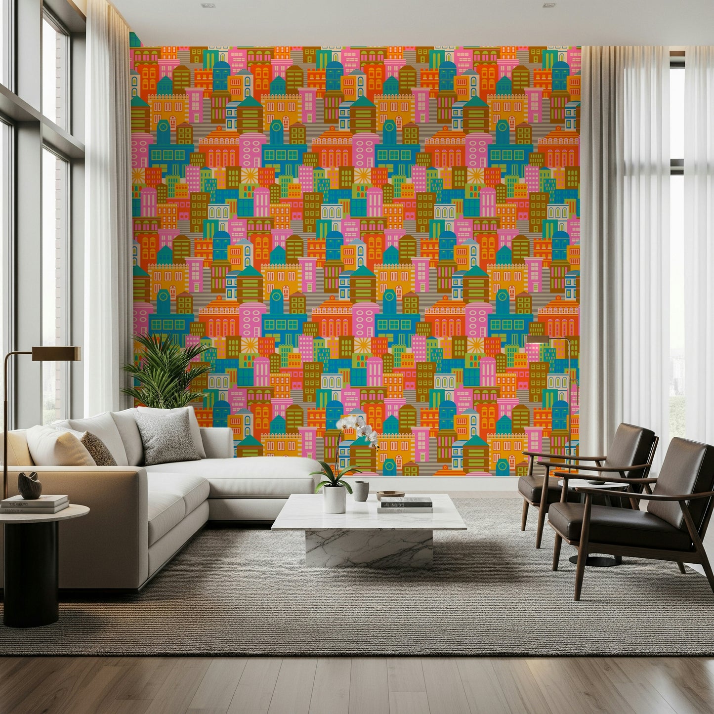 City Lights By Day Vintage Travel Bright Geometric Buildings Sunny Rainbow Brights Wallpaper⁠