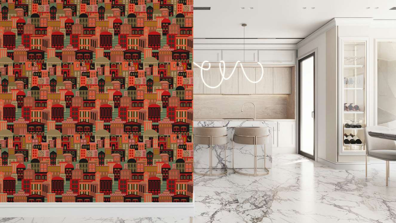 City Lights At Night Vintage Travel Bright Geometric Buildings Moon Vintage 1950s Colours Wallpaper⁠