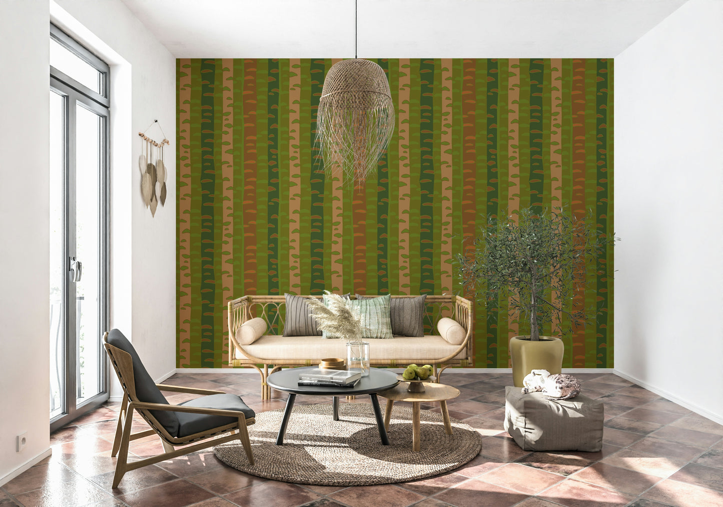 Birch Tree Stripes Retro Abstract Forest in Earthy Green Brown Wallpaper⁠
