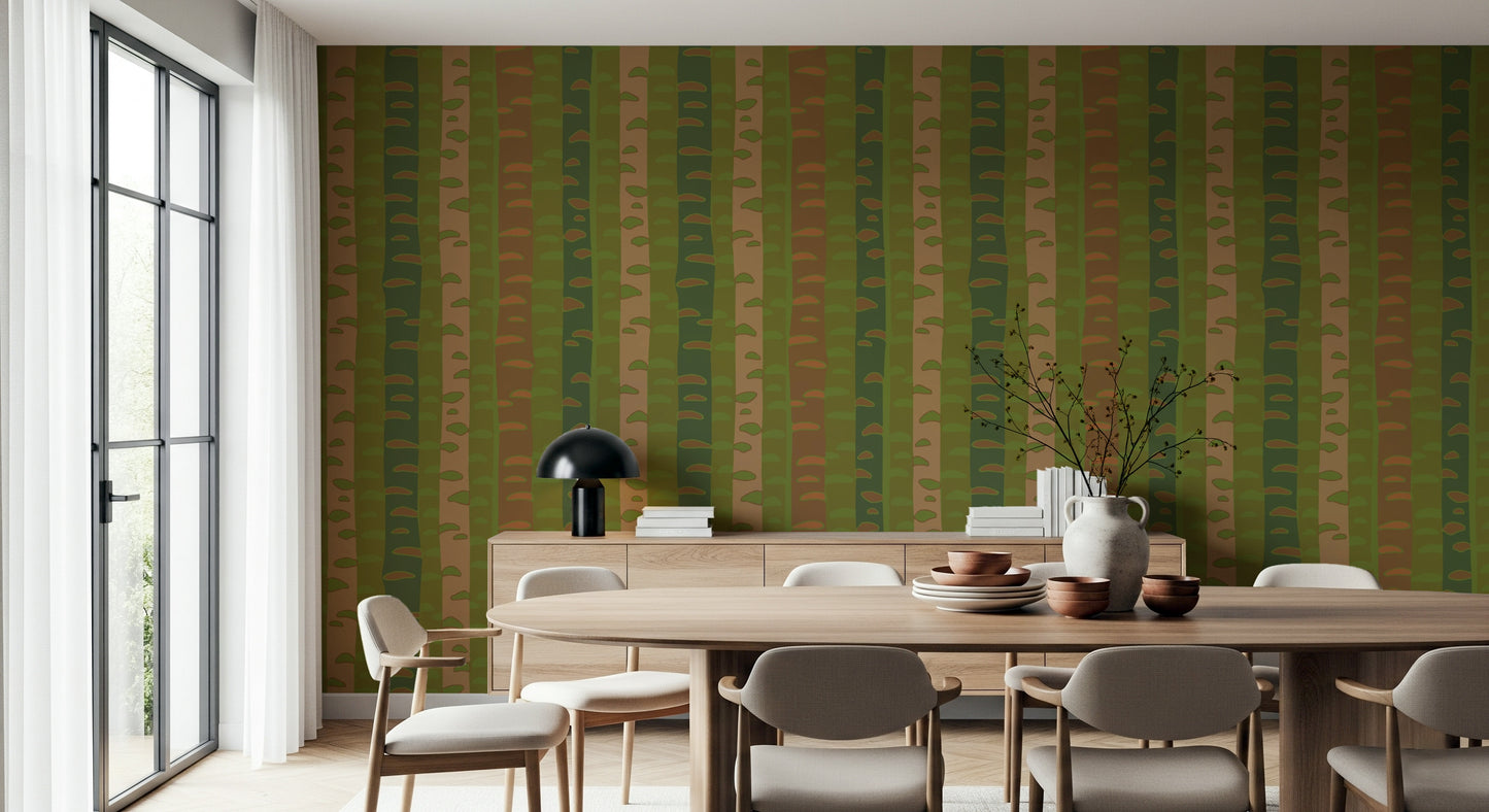 Birch Tree Stripes Retro Abstract Forest in Earthy Green Brown Wallpaper⁠
