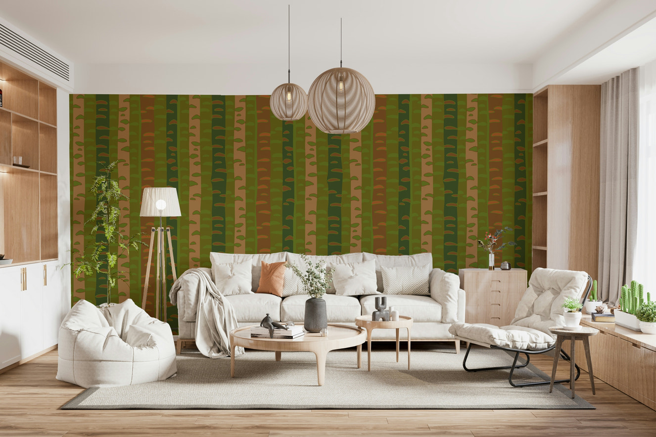Birch Tree Stripes Retro Abstract Forest in Earthy Green Brown Wallpaper⁠