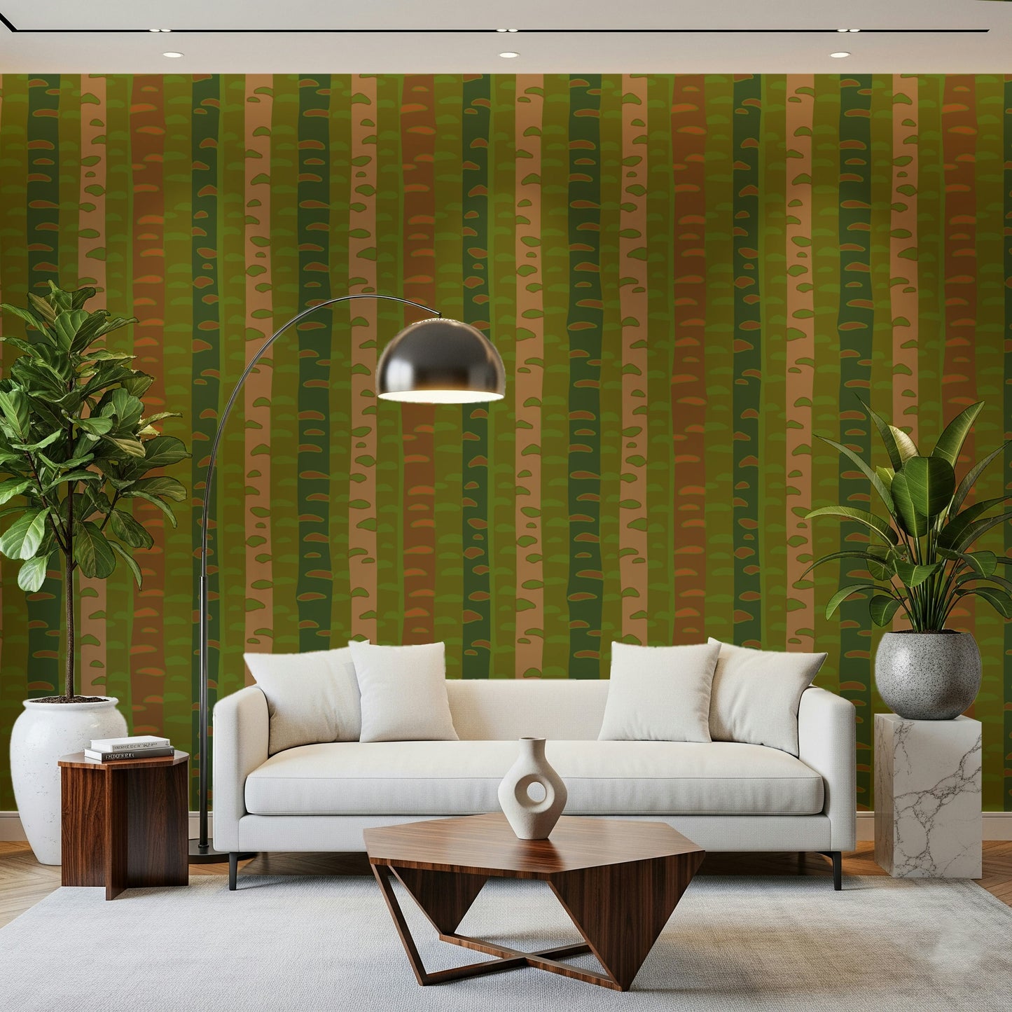 Birch Tree Stripes Retro Abstract Forest in Earthy Green Brown Wallpaper⁠