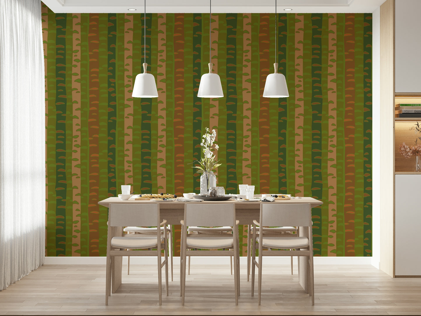 Birch Tree Stripes Retro Abstract Forest in Earthy Green Brown Wallpaper⁠