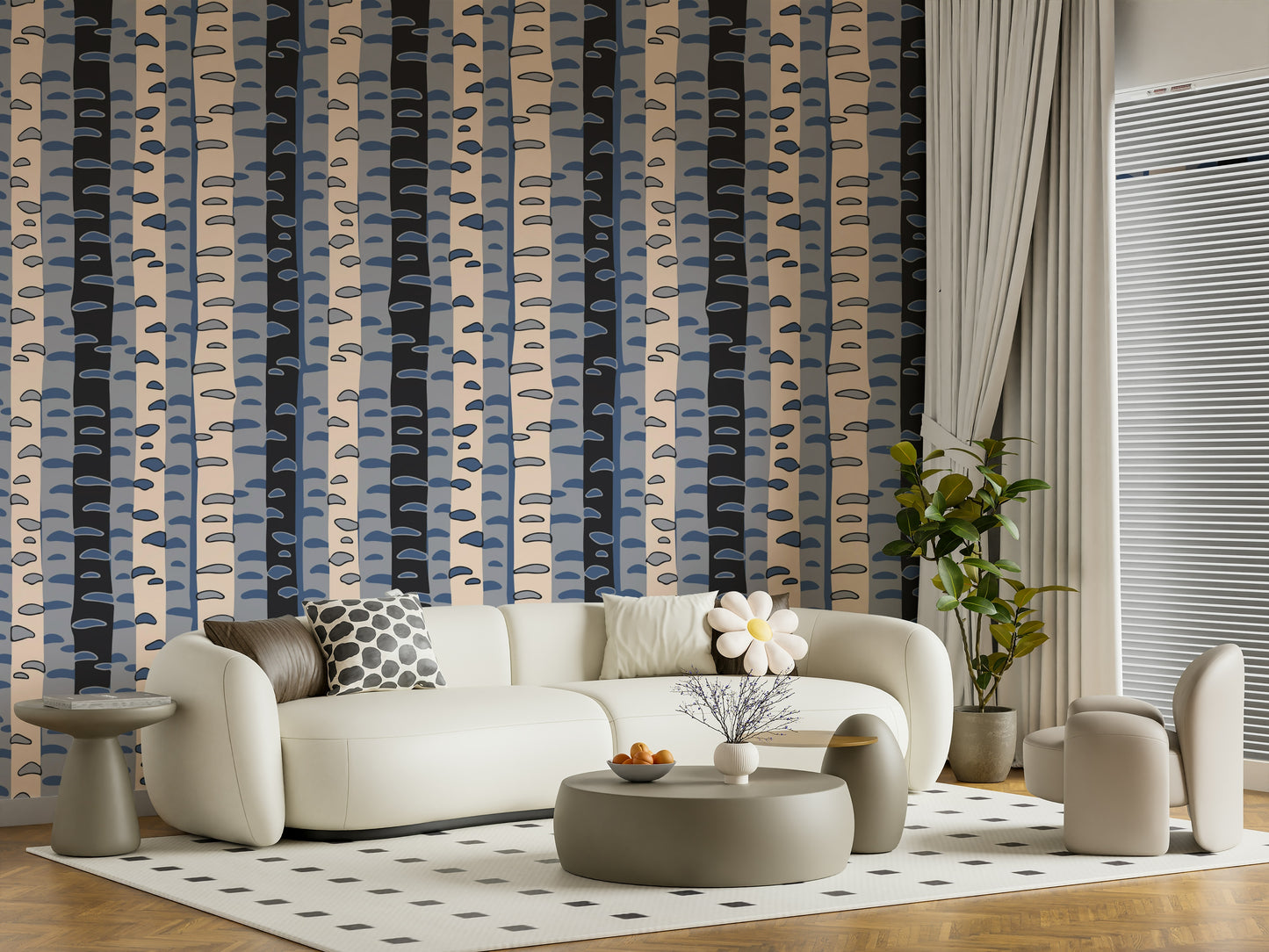 Birch Tree Stripes Retro Abstract Forest in Blue Black Cream Gray Wallpaper⁠