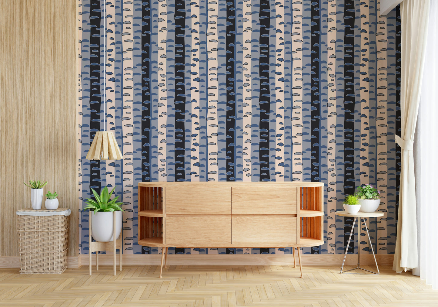 Birch Tree Stripes Retro Abstract Forest in Blue Black Cream Gray Wallpaper⁠