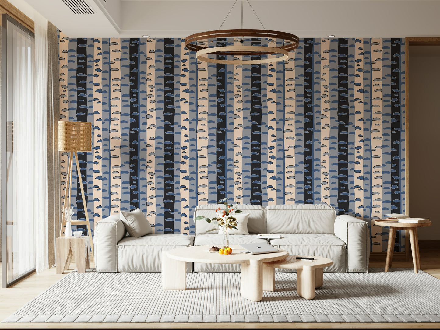 Birch Tree Stripes Retro Abstract Forest in Blue Black Cream Gray Wallpaper⁠