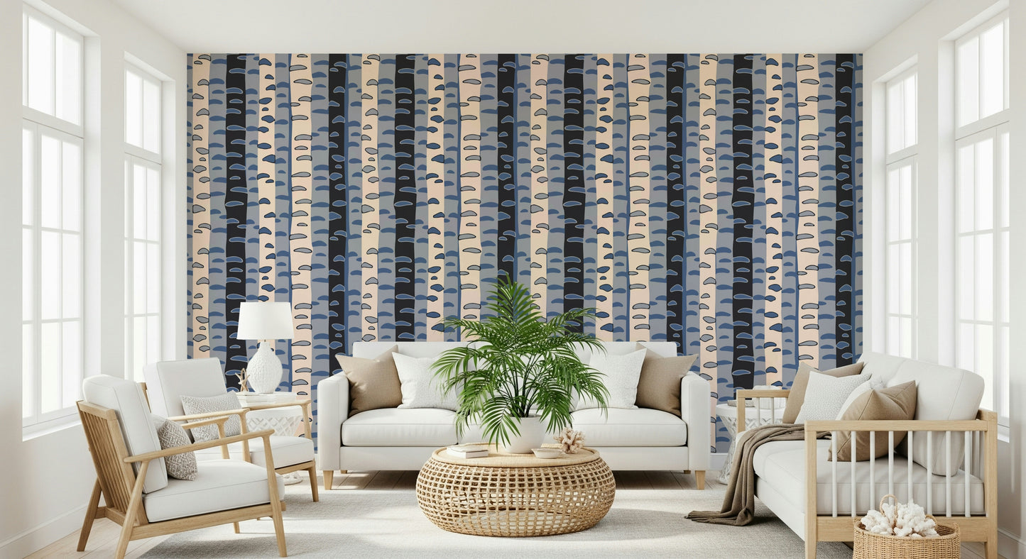 Birch Tree Stripes Retro Abstract Forest in Blue Black Cream Gray Wallpaper⁠