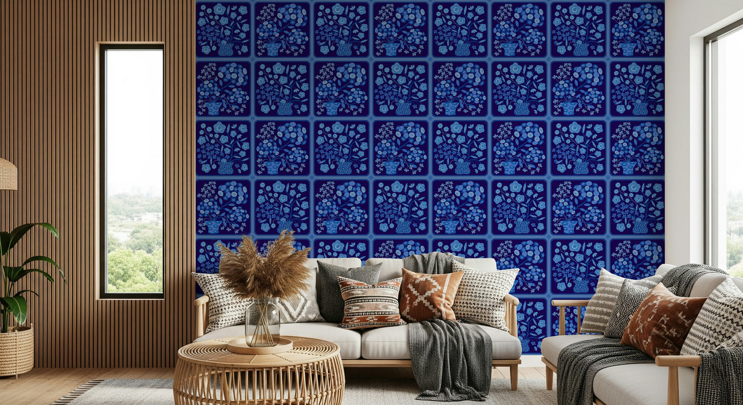 Flower Bouquet Tiles Floral Dark Delft Blue Wallpaper⁠