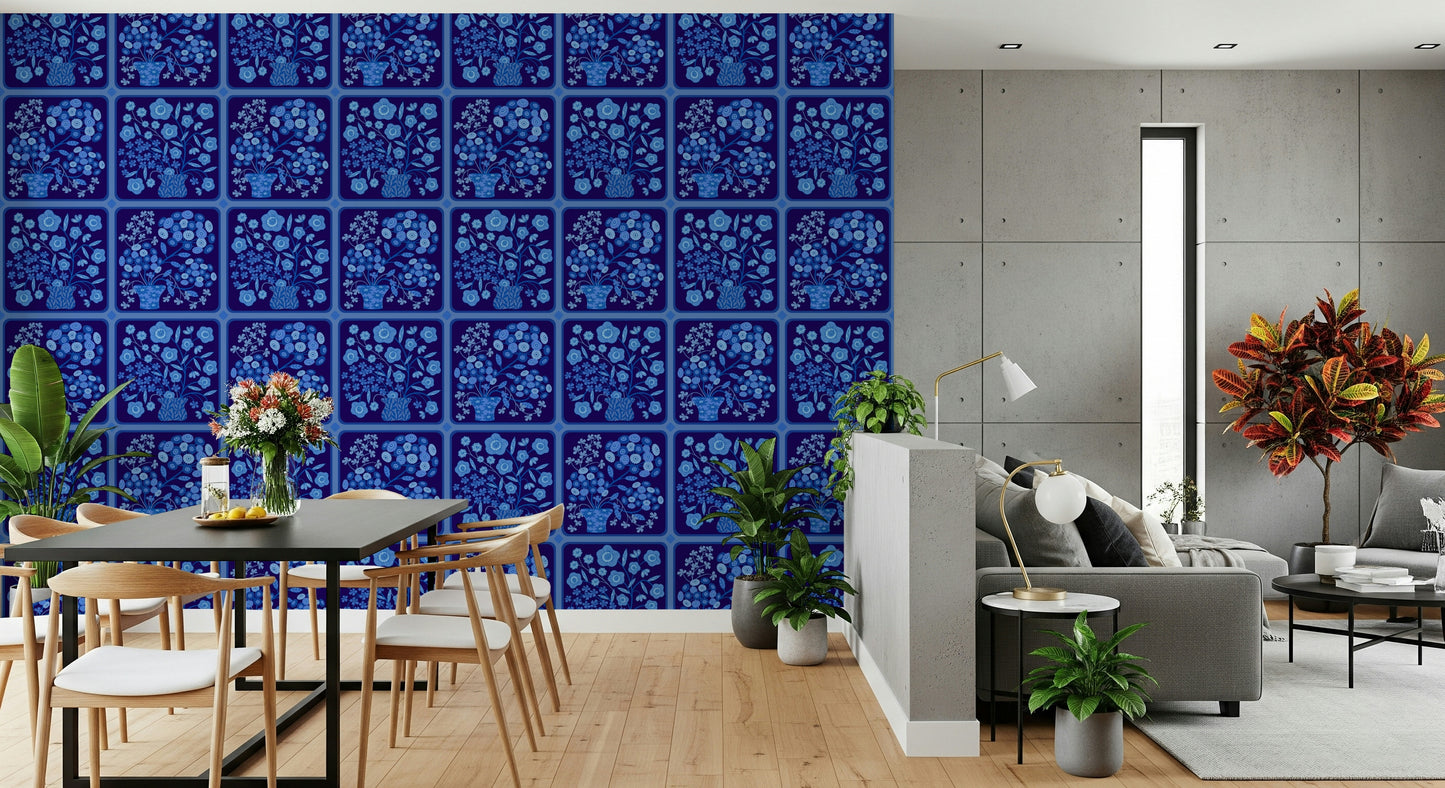 Flower Bouquet Tiles Floral Dark Delft Blue Wallpaper⁠