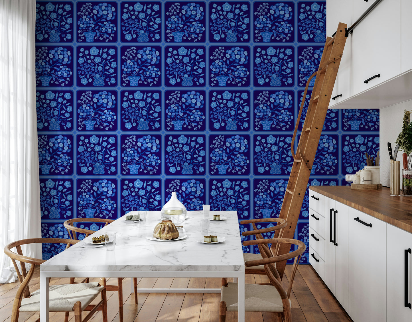 Flower Bouquet Tiles Floral Dark Delft Blue Wallpaper⁠