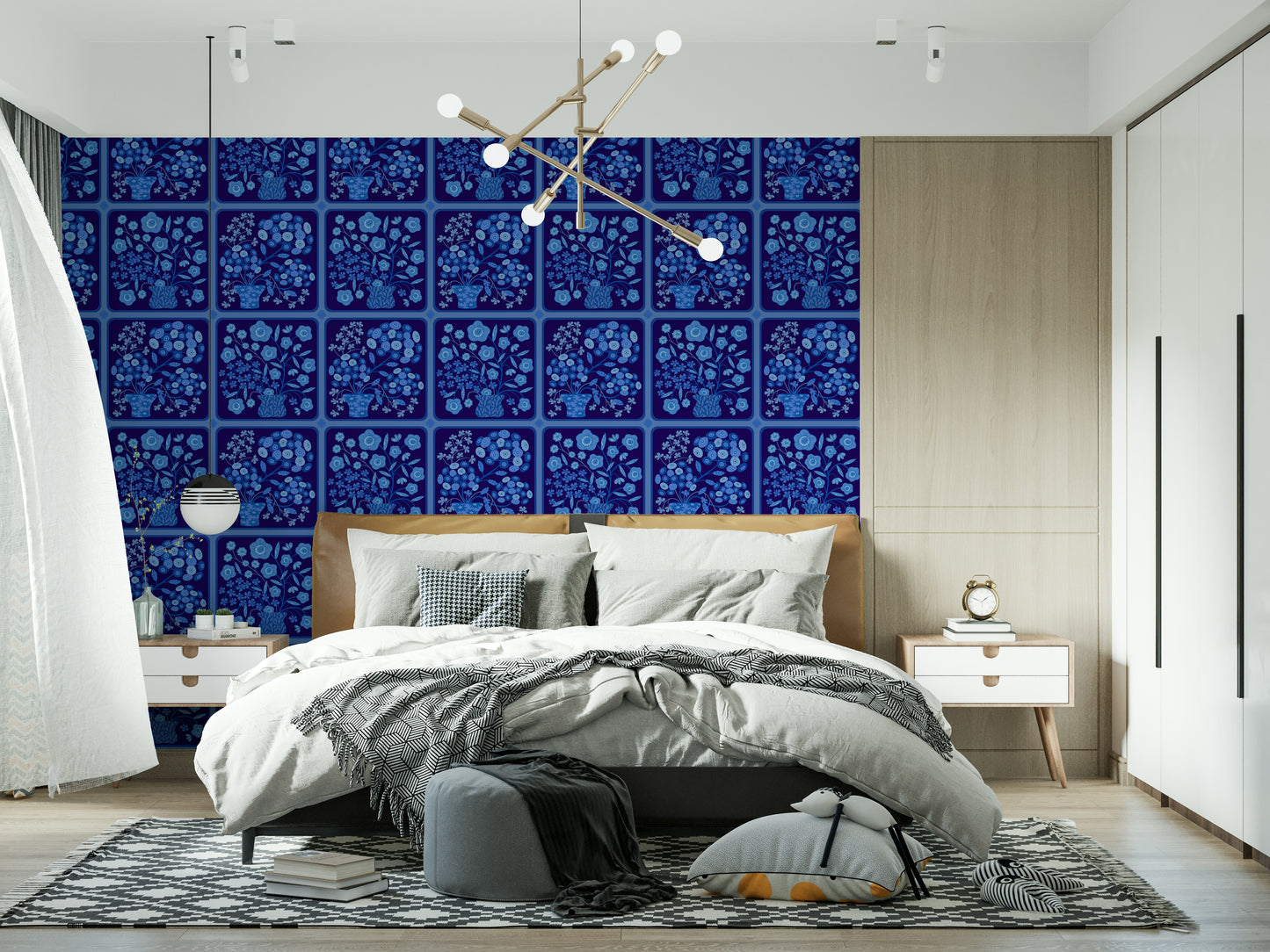 Flower Bouquet Tiles Floral Dark Delft Blue Wallpaper⁠